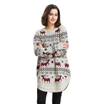 Shineflow Women's Reindeer Snowflake Midi Christmas Pullover Sweater Jumper (M, Beige)