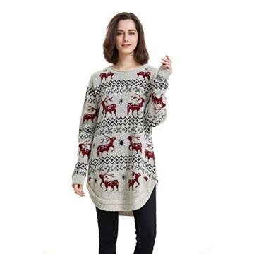 Shineflow Women's Reindeer Snowflake Midi Christmas Pullover Sweater Jumper (M, Beige)