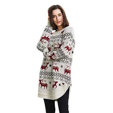 Shineflow Women's Reindeer Snowflake Midi Christmas Pullover Sweater Jumper (M, Beige)