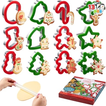 JOYIN 13 Pcs Christmas Cookie Cutters in Stainless Steel with Grip and Rolling Pin