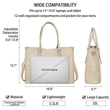 Laptop Bag for Women 15.6 Inch Waterproof Lightweight Leather Laptop Tote Bag Womens Professional Business Office Work Bag Briefcase Large Computer Bag Shoulder Handbag Beige