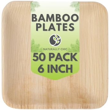 Naturally Chic Small 6 Inch Square Bamboo Plates Disposable - 50 Pack - Eco-Friendly and Compostable...