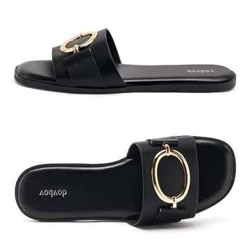 vodvob Women's Flat Sandals Fashion Square Open Toe Metal Chain Summer Dressy Sandals Slip On Casual Slides