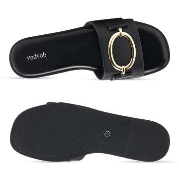 vodvob Women's Flat Sandals Fashion Square Open Toe Metal Chain Summer Dressy Sandals Slip On Casual Slides