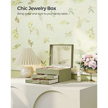 SONGMICS Jewelry Box with Glass Lid, 3-Layer Jewelry Organizer, 2 Drawers, for Big and Small Jewelry...