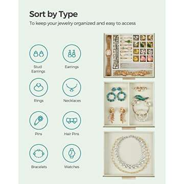 SONGMICS Jewelry Box with Glass Lid, 3-Layer Jewelry Organizer, 2 Drawers, for Big and Small Jewelry, Modern Style, 8 x 9.1 x 5.3 Inches, Valentine's Day Gift, Avocado Green and Gold Color UJBC239C02