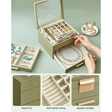 SONGMICS Jewelry Box with Glass Lid, 3-Layer Jewelry Organizer, 2 Drawers, for Big and Small Jewelry, Modern Style, 8 x 9.1 x 5.3 Inches, Valentine's Day Gift, Avocado Green and Gold Color UJBC239C02