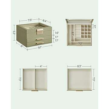 SONGMICS Jewelry Box with Glass Lid, 3-Layer Jewelry Organizer, 2 Drawers, for Big and Small Jewelry, Modern Style, 8 x 9.1 x 5.3 Inches, Valentine's Day Gift, Avocado Green and Gold Color UJBC239C02