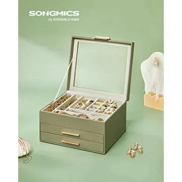 SONGMICS Jewelry Box with Glass Lid, 3-Layer Jewelry Organizer, 2 Drawers, for Big and Small Jewelry, Modern Style, 8 x 9.1 x 5.3 Inches, Valentine's Day Gift, Avocado Green and Gold Color UJBC239C02