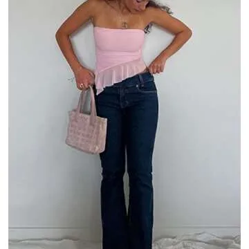 Women Y2k Lace Trim Off Shoulder Tube Tops Strapless See Through Crop Top Sexy Backless Top Aesthetics Streetwear Y-Pink