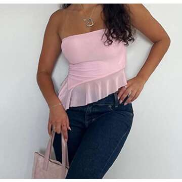 Women Y2k Lace Trim Off Shoulder Tube Tops Strapless See Through Crop Top Sexy Backless Top Aesthetics Streetwear Y-Pink