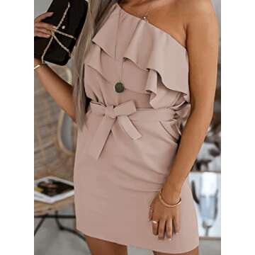 Acelitt Woman Casual Fashion 2024 Summer One Shoulder Dresses Vintage Tie Waist Peplum Ruffle Mini Dress Pink XL
