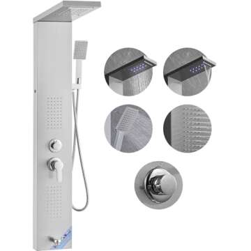 VEVOR Shower Panel System, 5 Shower Modes, LED Shower Panel Tower, Rainfall, Waterfall, 2 Body Massa...