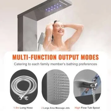 VEVOR Shower Panel System, 5 Shower Modes, LED Shower Panel Tower, Rainfall, Waterfall, 2 Body Massage Jets, Tub Spout, Handheld Shower Head with 59" Hose, Stainless Steel Wall-Mounted Shower Set