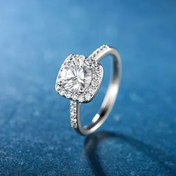 MDFUN 18K White Gold Plated Cubic Zirconia Promise Halo Engagement Eternity Rings for Women (rhodium-plated-brass, 8)