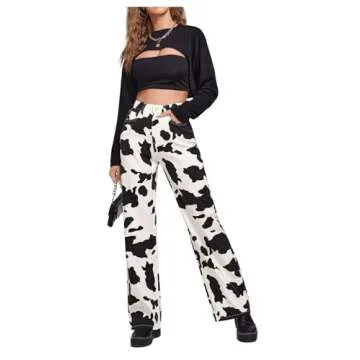 WDIRARA Women's Cow Print High Waist Wide Leg Jeans Casual Long Denim Pants Black and White L