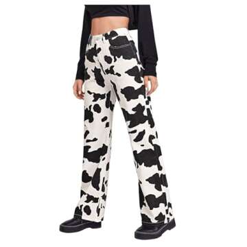 WDIRARA Women's Cow Print High Waist Wide Leg Jeans Casual Long Denim Pants Black and White L