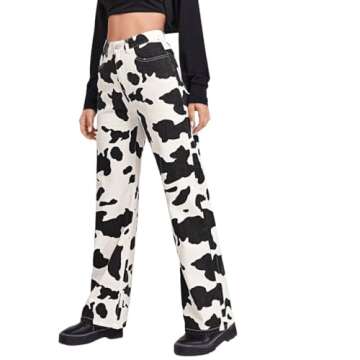 WDIRARA Women's Cow Print High Waist Wide Leg Jeans Casual Long Denim Pants Black and White L