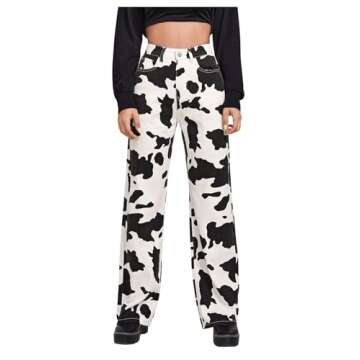 WDIRARA Women's Cow Print High Waist Wide Leg Jeans Casual Long Denim Pants Black and White L