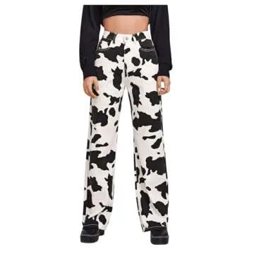 WDIRARA Women's Cow Print High Waist Wide Leg Jeans Casual Long Denim Pants Black and White L