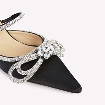 Elegant Juliet Holy Rhinestone Bow Mule Heels in Black Satin