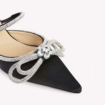 Elegant Juliet Holy Rhinestone Bow Mule Heels in Black Satin