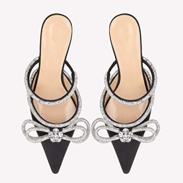 Elegant Juliet Holy Rhinestone Bow Mule Heels in Black Satin
