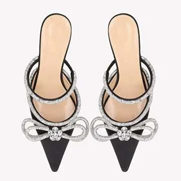 Elegant Juliet Holy Rhinestone Bow Mule Heels in Black Satin