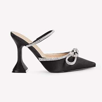 Elegant Juliet Holy Rhinestone Bow Mule Heels in Black Satin
