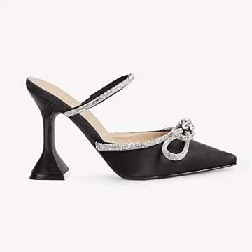 Elegant Juliet Holy Rhinestone Bow Mule Heels in Black Satin
