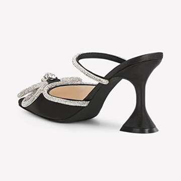 Elegant Juliet Holy Rhinestone Bow Mule Heels in Black Satin