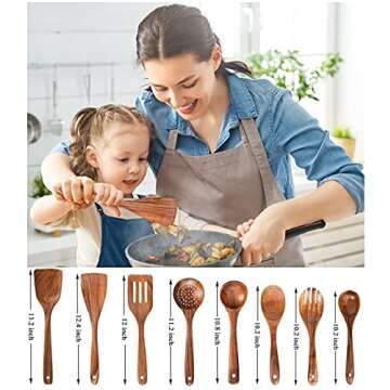 Wooden Spoons for Cooking, Kitchen Utensils Set, Natural Teak Wood Spoon and Spatula for High Heat S...