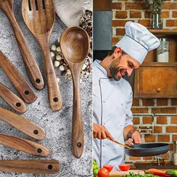 Wooden Spoons for Cooking, Kitchen Utensils Set, Natural Teak Wood Spoon and Spatula for High Heat Stirring,Cooking Spoons Wooden Spatula for Nonstick Cookware (8)
