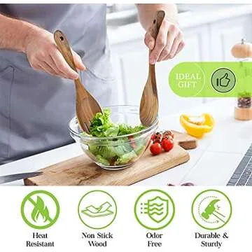 Wooden Spoons for Cooking, Kitchen Utensils Set, Natural Teak Wood Spoon and Spatula for High Heat Stirring,Cooking Spoons Wooden Spatula for Nonstick Cookware (8)