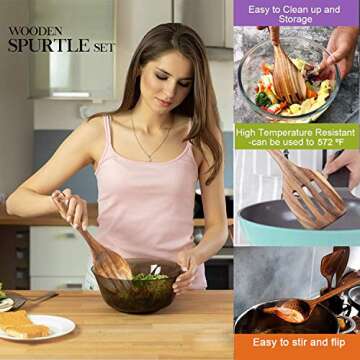 Wooden Spoons for Cooking, Kitchen Utensils Set, Natural Teak Wood Spoon and Spatula for High Heat Stirring,Cooking Spoons Wooden Spatula for Nonstick Cookware (8)