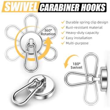 FINDMAG 8 Pack 100LBS Neodymium Magnet Hooks with Swivel Carabiner, Strong Heavy Duty Magnetic Hooks for Hanging, Kitchen, Office, Warehouse, School
