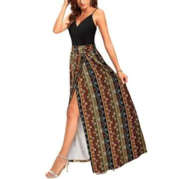 Newshows Womens' Boho Summer 2025 V Neck Spaghetti Strap Western Casual Mexican Vestidos Beachy Bohemian Long Flowy Maxi Dress Trendy (Black Floral Brown, XL)
