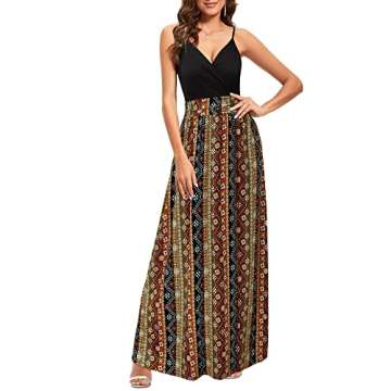 Newshows Womens' Boho Summer 2025 V Neck Spaghetti Strap Western Casual Mexican Vestidos Beachy Bohemian Long Flowy Maxi Dress Trendy (Black Floral Brown, XL)