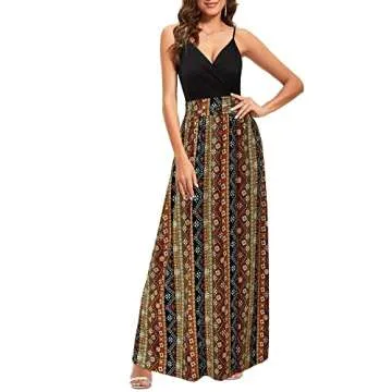 Newshows Womens' Boho Summer 2025 V Neck Spaghetti Strap Western Casual Mexican Vestidos Beachy Bohemian Long Flowy Maxi Dress Trendy (Black Floral Brown, XL)