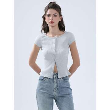 Chic Abonlen Ribbed Button Down T Shirt - Stylish Short Sleeve Blouse for Women (Gray, Small)