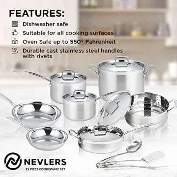 Nevlers 15 Pcs Premium Stainless Steel Cookware Set