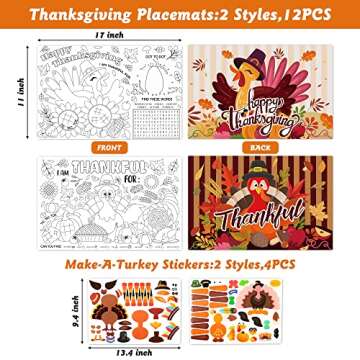 R HORSE 16Pcs Thanksgiving Coloring Placemats with Turkey Sticker Coloring Paper Table Mats Fall Tha...