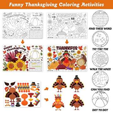 R HORSE 16Pcs Thanksgiving Coloring Placemats with Turkey Sticker Coloring Paper Table Mats Fall Thanksgiving Turkey Dinner Placemats for Thanksgiving Children’s School Party