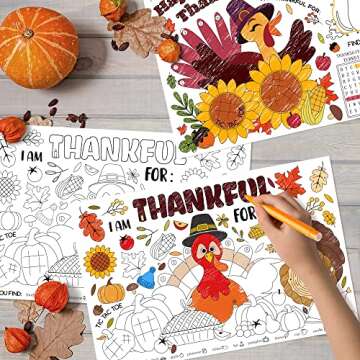 R HORSE 16Pcs Thanksgiving Coloring Placemats with Turkey Sticker Coloring Paper Table Mats Fall Thanksgiving Turkey Dinner Placemats for Thanksgiving Children’s School Party