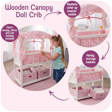 Badger Basket Doll Bed with Bedding, Storage Baskets, and Mobile – Fits Dolls up to 22 inches – Classic Nursery Design for Dolls and Accessories