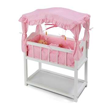 Badger Basket Doll Bed with Bedding, Storage Baskets, and Mobile – Fits Dolls up to 22 inches – Classic Nursery Design for Dolls and Accessories