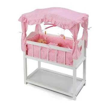 Badger Basket Doll Bed with Bedding, Storage Baskets, and Mobile – Fits Dolls up to 22 inches – Classic Nursery Design for Dolls and Accessories