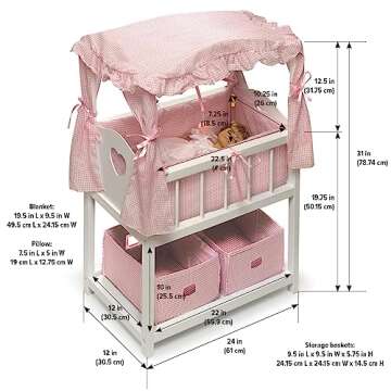 Badger Basket Doll Bed with Bedding, Storage Baskets, and Mobile – Fits Dolls up to 22 inches – Classic Nursery Design for Dolls and Accessories