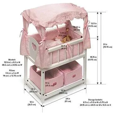 Badger Basket Doll Bed with Bedding, Storage Baskets, and Mobile – Fits Dolls up to 22 inches – Classic Nursery Design for Dolls and Accessories