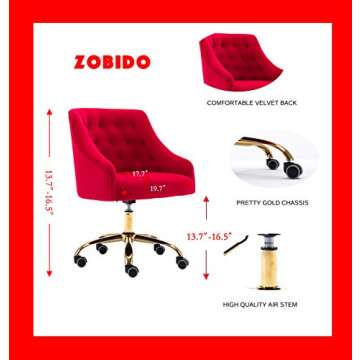 ZOBIDO Comfy Home Office Task Chair with Wheels, Cute Modern Upholstered Velvet Seashell Back Adjustable Swivel Vanity Desk Chair, for Women, for Kids, for Girls, Living Room, Bedroom, (Red)